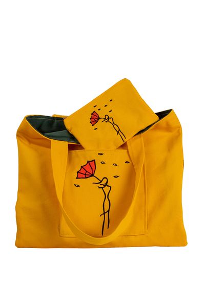 Wings Of Simurg Geantă tote galbenă brodata pentru femei - Boutique, cu fermoar și pânză