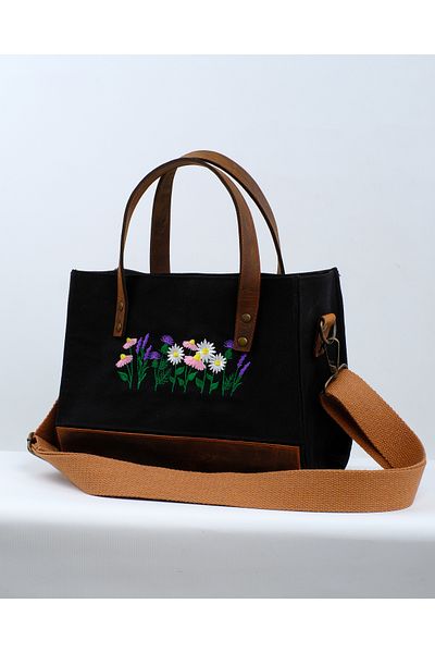Wings Of Simurg Lavender-Daisy Embroidered Genuine Leather-Canvas (Black-Small Size) Bag