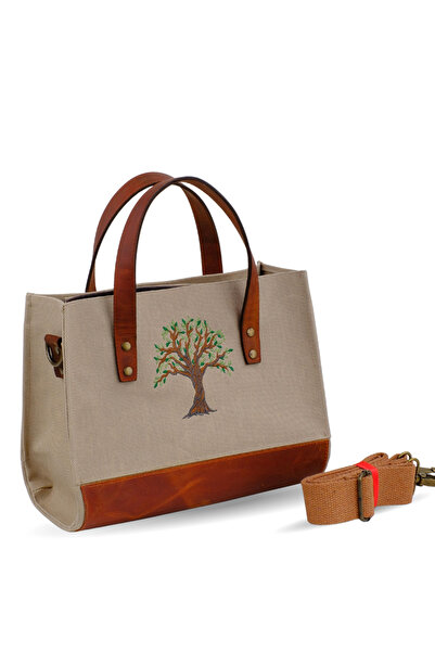 Wings Of Simurg Butikmutik Zeytin Ağacı Nakışlı Gerçek Deri-Kanvas Çanta