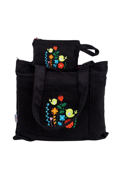 Wings Of Simurg Set geantă și portofel din pânză cu fermoar Black Bird Garden brodat