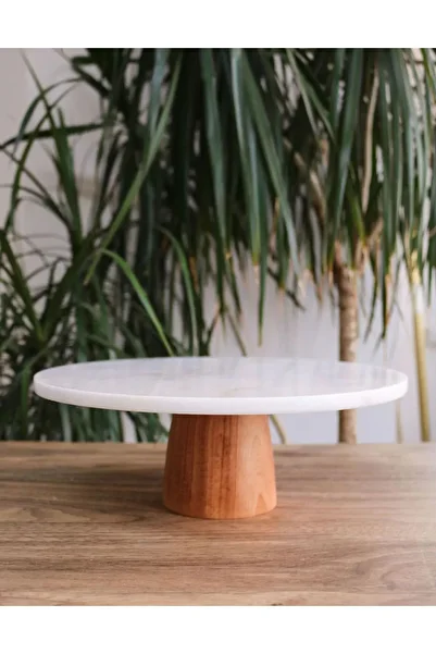 Gemboss Natural Marble Cake Stand - Cake Stand with Wooden Legs - Marble Cheese Plate 28 cm