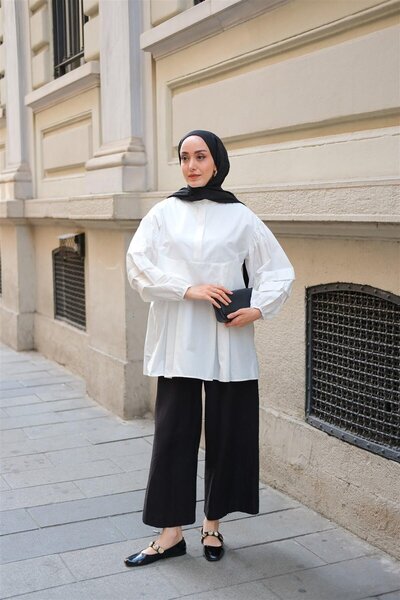 LOCCO White Women's Tunic - Balloon Sleeve and Pleat Detail