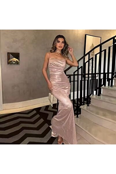 RED VELVET İnce Askılı Simli Elbise