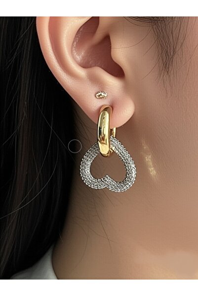 KANERUZ Gold Zirkon Taşlı Kalp Işıltılı Özel Tasarım Küpe