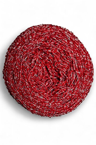 Ece Örgü Tasarım Atölyesi Kendinden gümüş simli, kırmızı italyan koton buklet el örgü ipi (200 gr.)