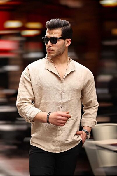 MODA Rahat Kalıp Müslin Erkek Gömlek – Sıfır Yaka / Uzun Kol / Yaz Şıklığı- Bej