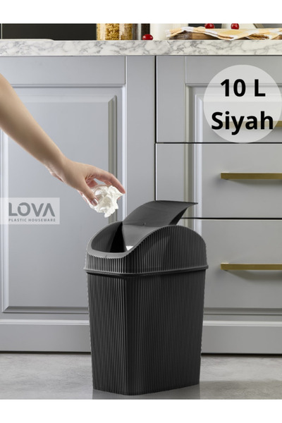Lova Kapaklı Çizgili 10 Lt Çöp Kovası (Siyah)
