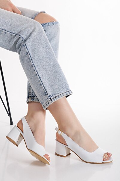 elvinshoes Violet Hakiki Deri Beyaz Burnu Açık Klasik Topuklu Ayakkabı