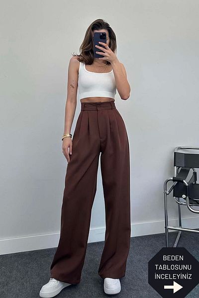 trendalisse Brown Palazzo Fabric - Wide Leg Pleated Women's Trousers