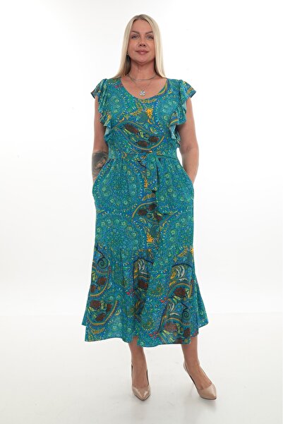 etselements Flounce Sleeve V Neck Belted Patterned Long Viscose Dress 5284