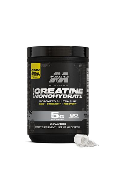 MUSCLETECH مسحوق كرياتين أحادي الهيدرات بلاتينيوم 100% لتعزيز القوة وقوة العضلات والتعافي 400 جرام بدون نكهة