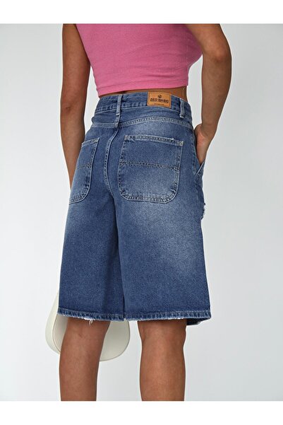 XBELLA DENİM Kadın Bermuda kot şort midi boy yırtık detaylı