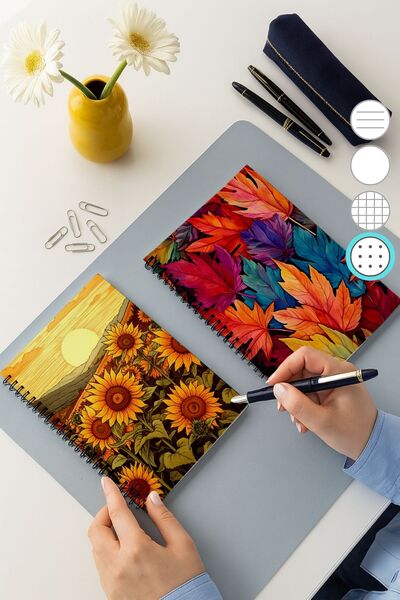 Eldesen Tasarım 2'li Noktalı Defter Seti, A5 Boyutunda 50 Yaprak 100 Sayfa 2'li Set, Ay Çiçekli