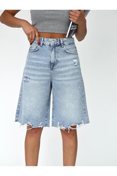 XBELLA DENİM Kadın Uzun Bermuda Kot Şort Yırtık Detaylı Midi Boy