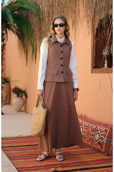 Fatma Atasoy Linen Brown Flared Skirt