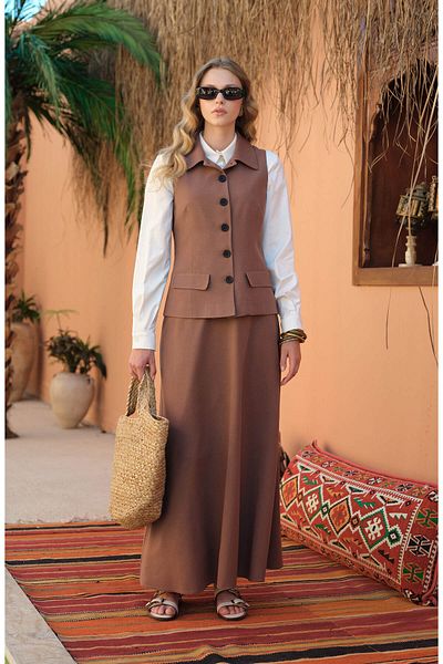 Fatma Atasoy Linen Brown Flared Skirt