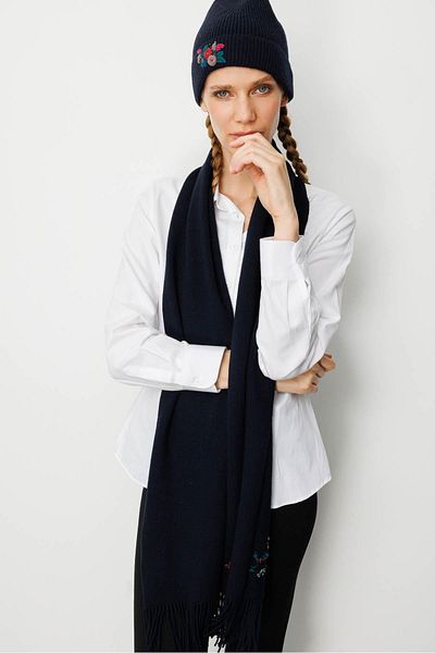 Desen Triko Women's Single Side Rococo Embroidery Embroidered Wool Kaşkol K.Navy Blue