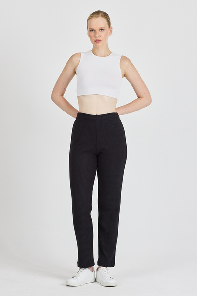 mmetalic Γυναικεία μαύρη ψηλόμεση ριμπ φαρδιά πόδι casual λεπτή πιτζάμες φούτερ