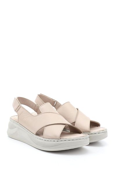 GÖNDERİ(R) Women / Girls Beige Velcro Strap Wedge Heeled Genuine Leather Comfort Sandals