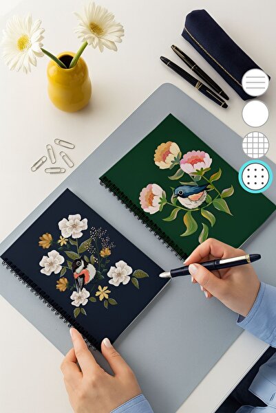 Eldesen Tasarım Set of 2 Dotted Notebooks, A5 Size 50 Sheets 100 Pages Set of 2, Bird