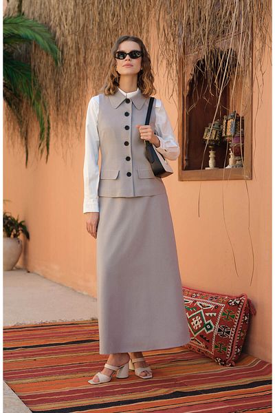 Fatma Atasoy Linen Gray Flared Skirt