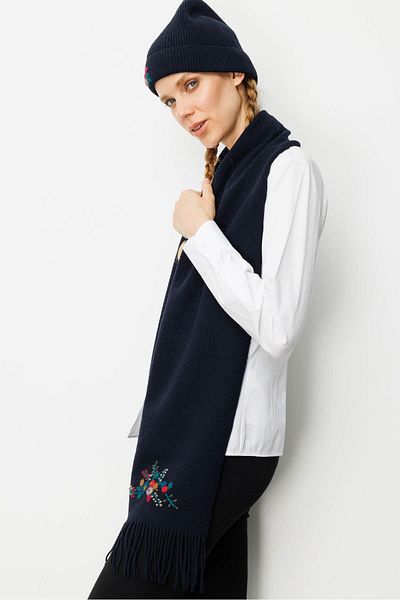 Desen Triko Women's Single Side Rococo Embroidery Embroidered Wool Kaşkol K.Navy Blue