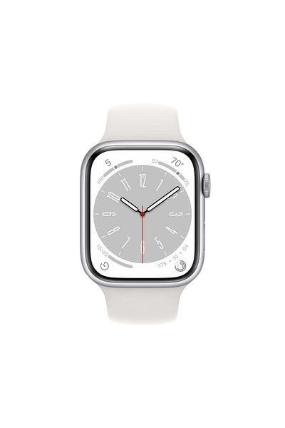 Apple ساعة سيريز 8 جي بي إس + خلوية 45 مم، هيكل من الألومنيوم الفضي مع سوار رياضي أبيض - عادية