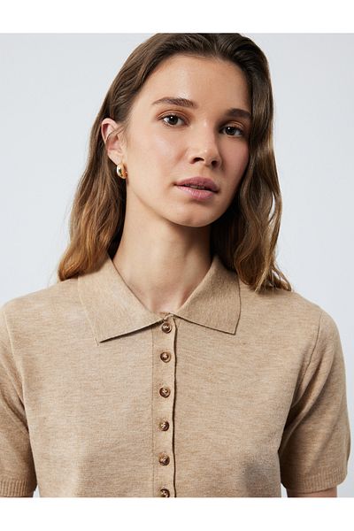 Koton Viscose Blended Short Sleeve Buttoned Knitwear Polo Neck Sweater
