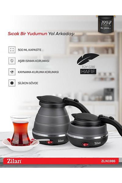 Zilan Zln1986 Water Heater |   0.5 L. |   750W Foldable Mini Travel Kattle |   Stainless Steel Base
