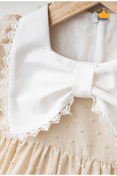 Mymio 6-24 Ay Kız Bebek Çocuk Fiyonk Yakalı Nopeli Dokuma Kumaş Yazlık Bayramlık Elbise Kahverengi 4395