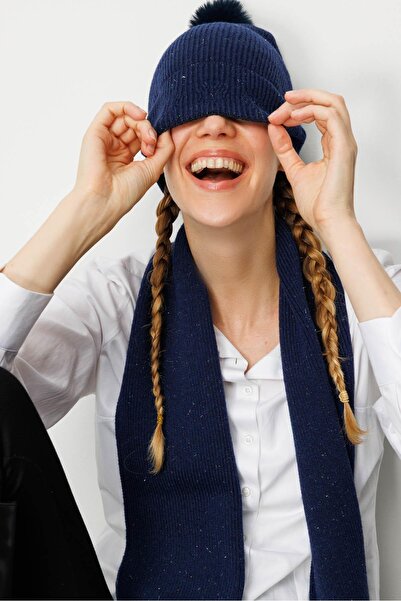 Desen Triko Women's Glitter Jacquard Tasseled Wool Kaşkol Y.A Navy Blue