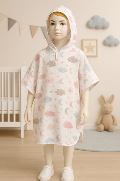 Fronte Home Muslin Children's Poncho Pink Cloud Patterned 100% Cotton