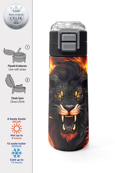 Coral High Kids Black Lion Patterned Steel Thermos with Straw and Direct Drinking 500 ml 31871