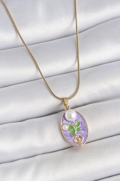 Celira Steel Gold Color Chain Purple Enamel Oval Pearl Flower Embroidered Portrait Model Women's Necklace