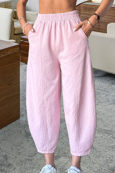 Nana & Mayka Moda Women's Dusty Pink Baggy Trousers Loose Summer Comfortable Cotton Elastic Waist Daily Model Gabardine 4003