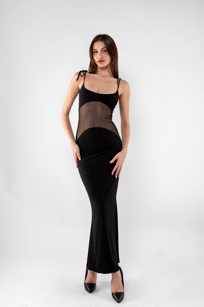 Bak Moda Sandy Black Long Dress - Με λουράκι και λεπτομέρεια από τούλι στην κ...