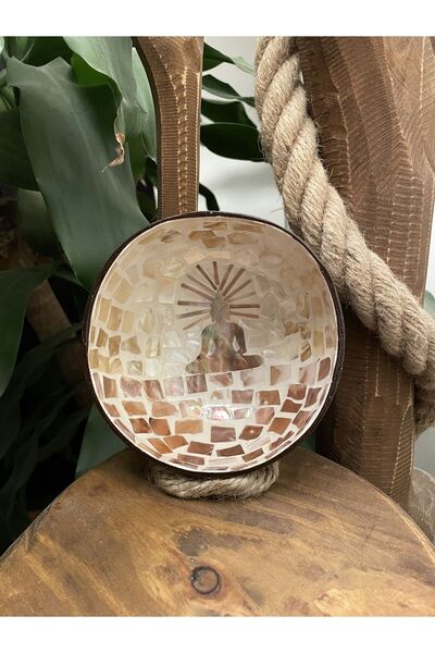 Coconut Products 2 Pieces Yoga Design Mother of Pearl Coated Coconut Bowl & Wicker Bowl Mat - Snack Bowl