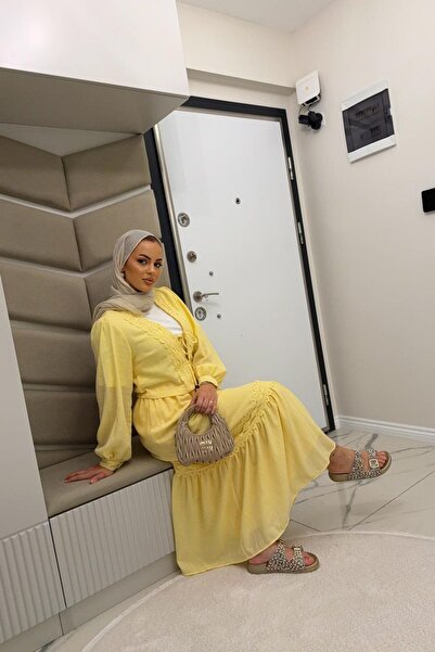 megapol Women's Yellow Muslin Fabric Lace Detailed Front Tie Hijab Suit