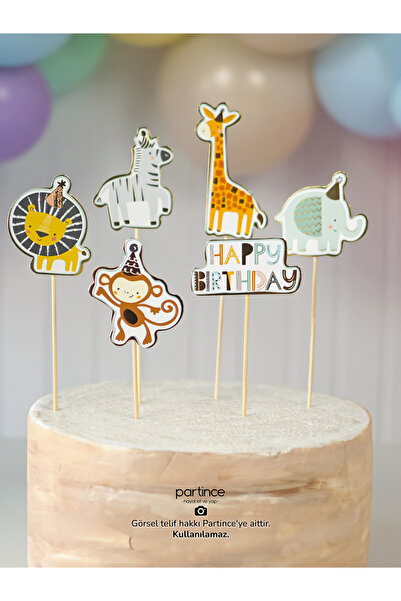 partince 6 Parça Safari Tema Pasta Kürdanı Cake Topper Doğum Günü Pasta Süsle...