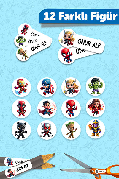 MSticker Okul Etiketi Kalem Defter isimli Etiket Isim Yazılabilen Marvel - 190 Adet Özel Tasarım