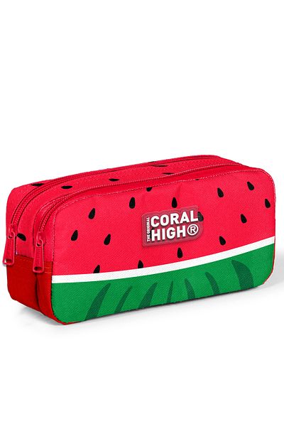 Coral High حقيبة أقلام رصاص منقوشة باللون الأحمر والأخضر والبطيخ مكونة من قسمين 12119