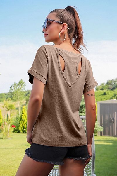 citystyle Boat Neck Back Detailed Short Sleeve Mink T-Shirt