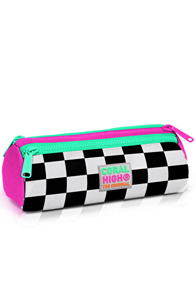 Coral High Geantă pentru stilou cu trei compartimente cu model de șah roz neo...