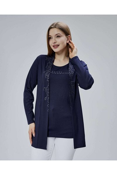 YXL COLLECTION Women's 2 Piece Set Glitter Print Detailed Long Sleeve Cardigan, Crew Neck Rhinestone T-Shirt