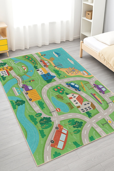 Realhomes Yolda Oynayan Araba Desenli Çocuk Odası Yıkanabilir Kaymaz Taban Halı