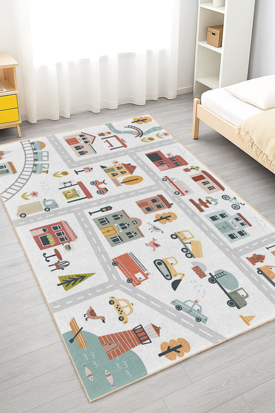 Realhomes Canlı Renklerde İnşaat Temalı Yıkanabilir Kaymaz Taban Çocuk Odası ...