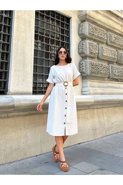 hazelin Women's Cream Belted Buttoned Summer Linen Viscose Dress HZL23S-BD123891
