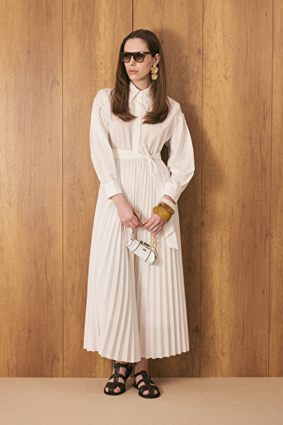 EMNORA Pilili Poplin Elbise Beyaz