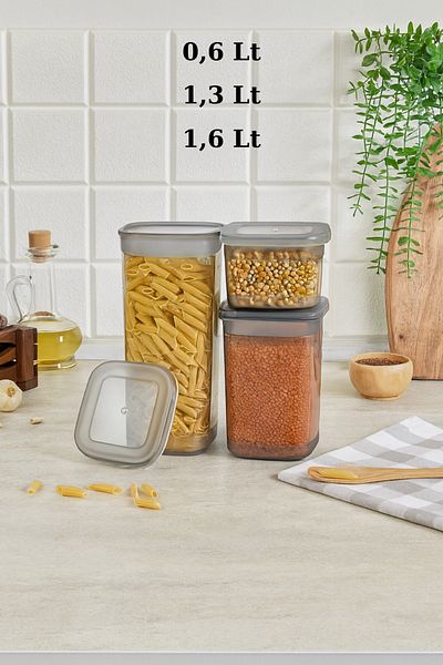 Dükkanönü Simple Food Storage Container (3 Pieces) (Grey) 0.60 Lt 1.30 Lt 1.90 Lt Org-433-Gr