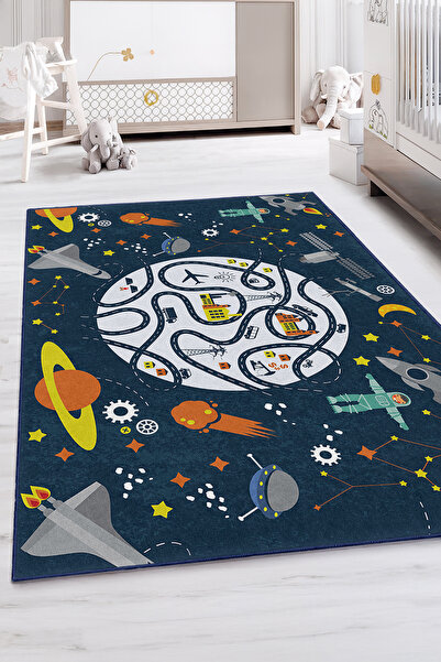 Realhomes Uzay Temalı Canlı Renkli Yıkanabilir Kaymaz Taban Çocuk Odası Halısı